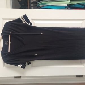 Black Hooded Dress with Striped Sleeves